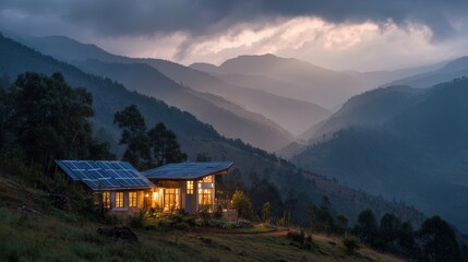 Eco-Friendly Home in Mountains with Solar Energy at Sunset
