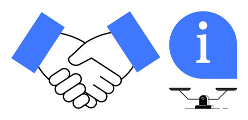 Two hands shaking symbolizing partnership, information bubble representing knowledge, and balanced scale for fairness. Ideal for business, trust, communication, equality, collaboration, transparency