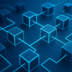 Obraz premium Modern digital blockchain technology with interconnected glowing cubes on dark blue