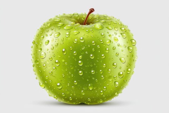 A dewy, green apple on a light gray background - Powered by Adobe