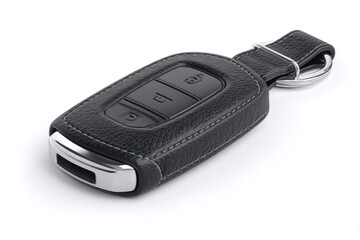 Black leather car key cover with metal accents and keyring