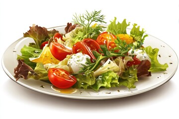 Fresh salad with tomatoes, cheese, and herbs on a white plate