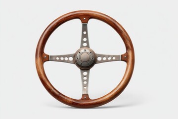 Classic wooden steering wheel with metallic spokes and center