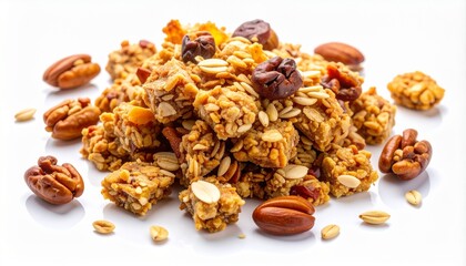 Obraz premium Crunchy granola clusters with whole pecans, peanuts, and dried fruit on a bright white background.