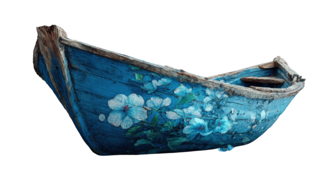 A weathered blue wooden boat decorated with floral designs