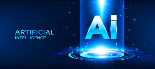 Artificial intelligence technology background in futuristic blue digital style. Glowing AI text with light ring effect and modern innovation concept design. banner, cover, vector illustration