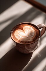 Minimalist Coffee Cup with Heart Foam Art Captured in Natural Light