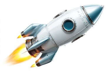 A stylized rocket in flight, engines blazing
