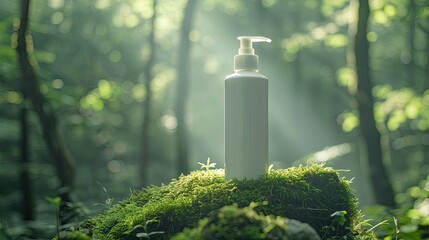 White pump bottle on green moss in sunlit forest for beauty and wellness product packaging, website banners, and eco-friendly marketing.