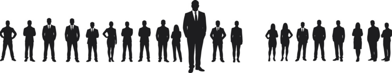 Silhouette of business team with leader in center, diverse professionals standing together, leadership, teamwork, corporate success, unity concept