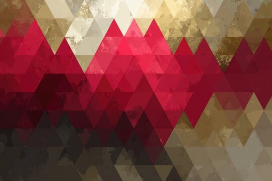 Abstract geometric pattern of textured triangles in shades of red and gold
