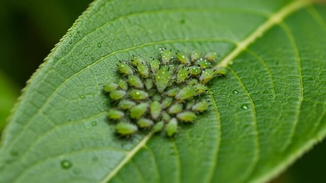 Group of tiny green aphids clustered on a vibrant green leaf surface