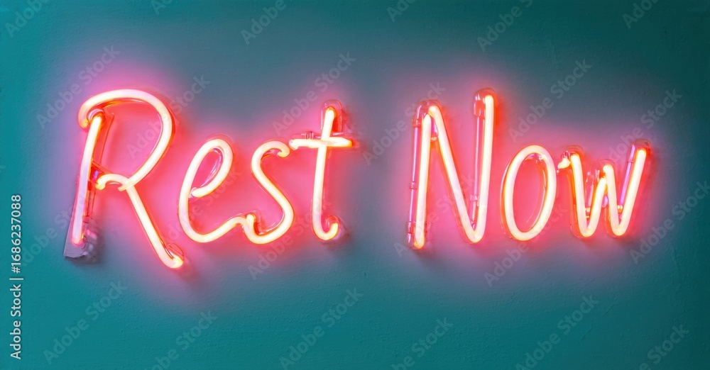 Poster bright neon sign displays rest now against teal wall. script font glows warmly, creating inviting at
