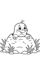 Adorable cartoon mole peeking out from a molehill, a black and white line art illustration for a children's coloring book page
