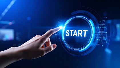A hand presses a digital start button