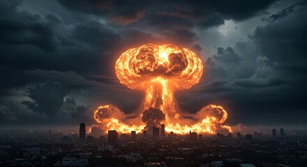 A massive nuclear explosion engulfs a city, creating a towering mushroom cloud of fire and smoke under a dark, stormy sky.