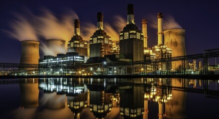Naklejka premium Industrial Power Plant at Night: Majestic View with Glowing Towers, Trails, and Reflections on Water under a Starry Sky