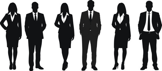 Silhouettes of six professional businesspeople standing confidently in formal attire, men and women, isolated on white background, corporate team concept