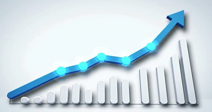 A blue upward trending arrow with circular markers and a graph on a white background showing growth