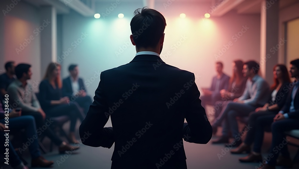 Poster generative ai: speaker addressing audience with confidence.