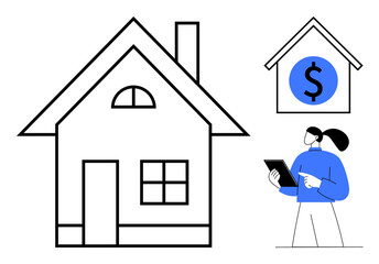 Woman holding a tablet next to house image and dollar sign icon. Ideal for real estate, property investment, home buying, market analysis, finance, mortgages, simple landing page