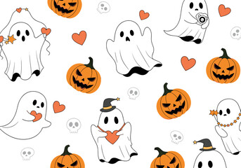 Cute ghostly halloween characters and jack o lanterns festive spooky season design