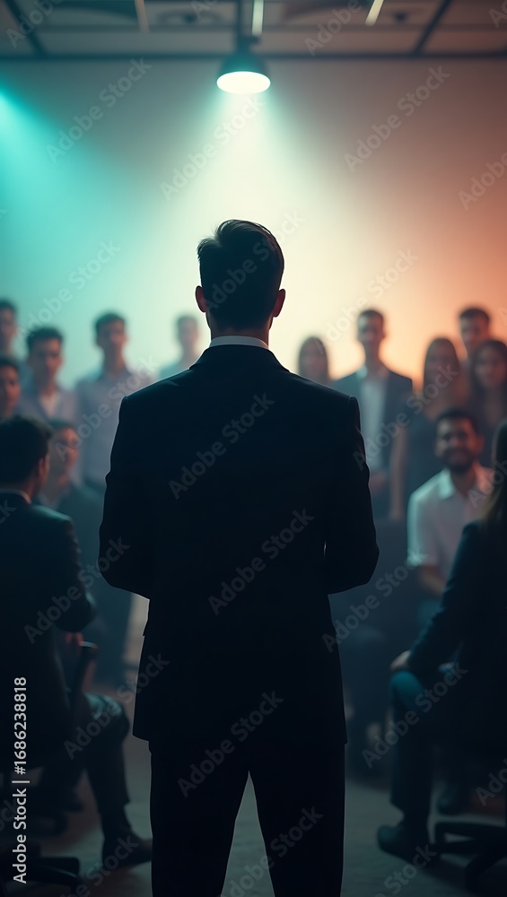 Poster generative ai: speaker addressing audience at conference event.