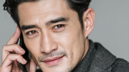 Obraz premium Asian Businessman in Suit Talking on Smartphone, Half-Body Portrait with Simple Bright Background, Modern Commercial Lifestyle Office Photography 