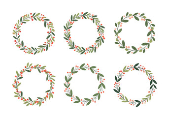 Collection of six watercolor holiday wreaths featuring green leaves and red berries perfect for festive decorations