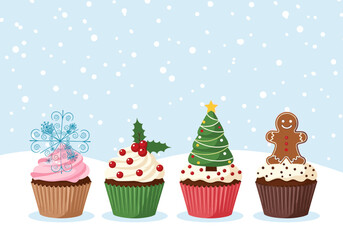 Festive winter holiday cupcakes decorated for christmas and new year celebrations