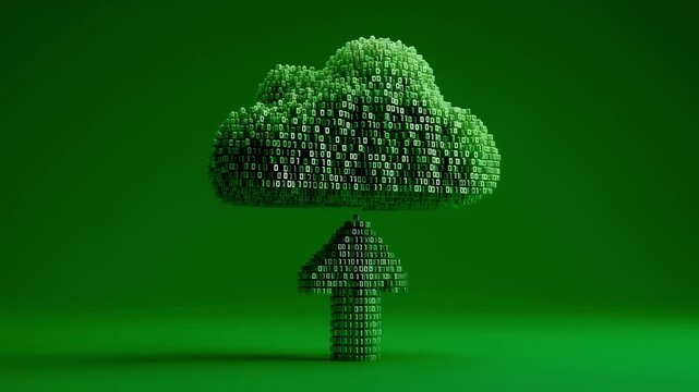Binary code transforming into upload arrow and cloud, representing cloud computing and data transfer technology, symbolizing digital connectivity on vibrant green backdrop