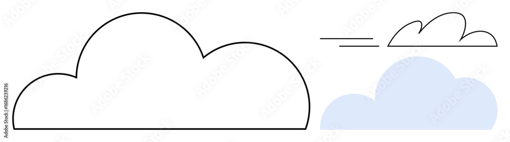 Poster three clouds in varied forms, one outlined, one filled in blue, and one in motion lines. ideal for c