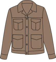 Brown front button utility jacket cad drawing, long sleeve fashion coat vector sketch, cargo pocket outerwear flat template design