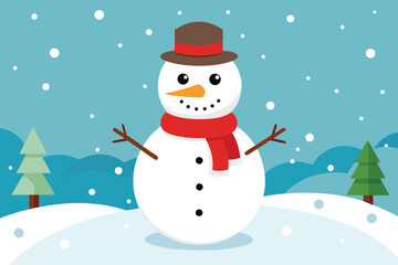 Cute snowman with red Santa hat and scarf smiling in the winter snow. Happy Christmas character illustration for holiday greeting card vector