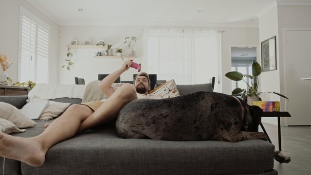 Man in 30s enjoys relaxed moment with sleeping dog and handheld video game controller in cozy living room during daytime.