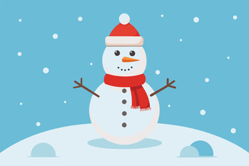 Cute snowman with red Santa hat and scarf smiling in the winter snow. Happy Christmas character illustration for holiday greeting card vector