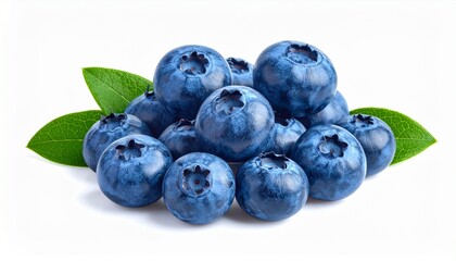 Fototapeta premium Fresh Ripe Blueberries with Green Leaves on a White Background