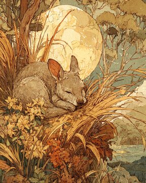 Sleepy Animal Under The Moonlight A Gentle Baby Kangaroo Peacefully Resting On A Tall Bunc