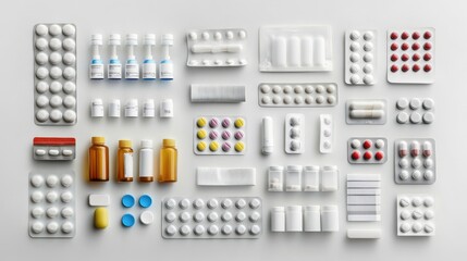 pharmaceutical packaging types, including tubes, bottles, and blister packs, arranged neatly on a white background