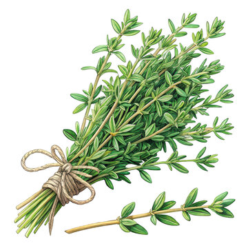 A bundle of fresh thyme tied with twine against a black background on transparent background