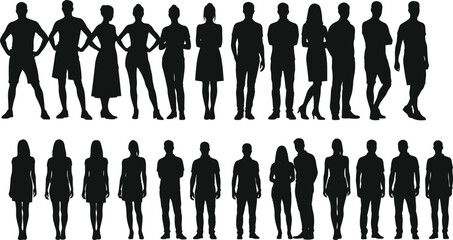 Group of diverse silhouettes standing together, men and women in casual and formal wear, teamwork concept, isolated white background