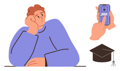 Thoughtful student leans on desk beside smartphone displaying unlock and a graduation cap. Ideal for education, goals, motivation, procrastination, focus, achievement, learning journey. Simple flat