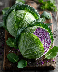 Fototapeta premium Two cabbages on a wooden cutting board