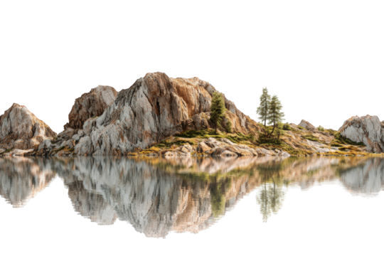 Rocky island reflected in a calm lake