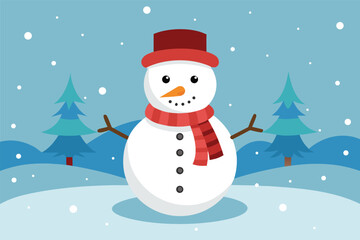 Cute snowman with red Santa hat and scarf smiling in the winter snow. Happy Christmas character illustration for holiday greeting card vector