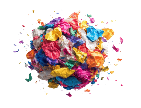 A vibrant cluster of crumpled colorful paper, exploding outward