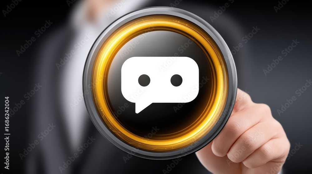 Poster communicate effectively, person holding speech bubble button for dialogue and expression