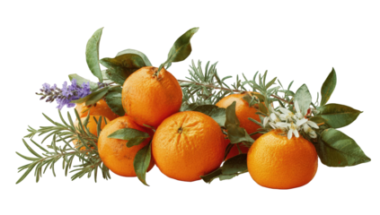Fresh oranges, herbs, and flowers.  Close up still life