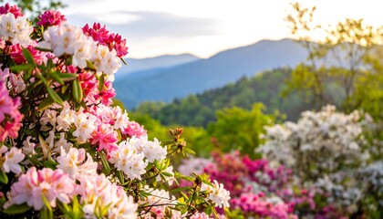 Obraz premium Springtime blooms against a mountain backdrop