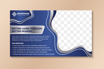 hearing exams and hearing aid services flyer illustration template design. the example of headline is better living through better hearing. liquid concept poster use combination blue and grey gradient